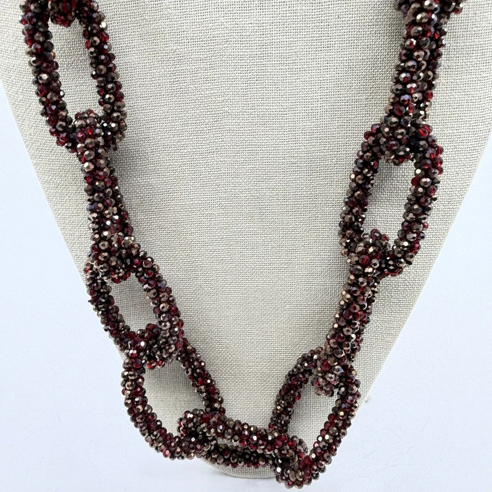 Red Bronze Tone Faceted Bead Woven Chain Link Long Necklace Statement Jewelry